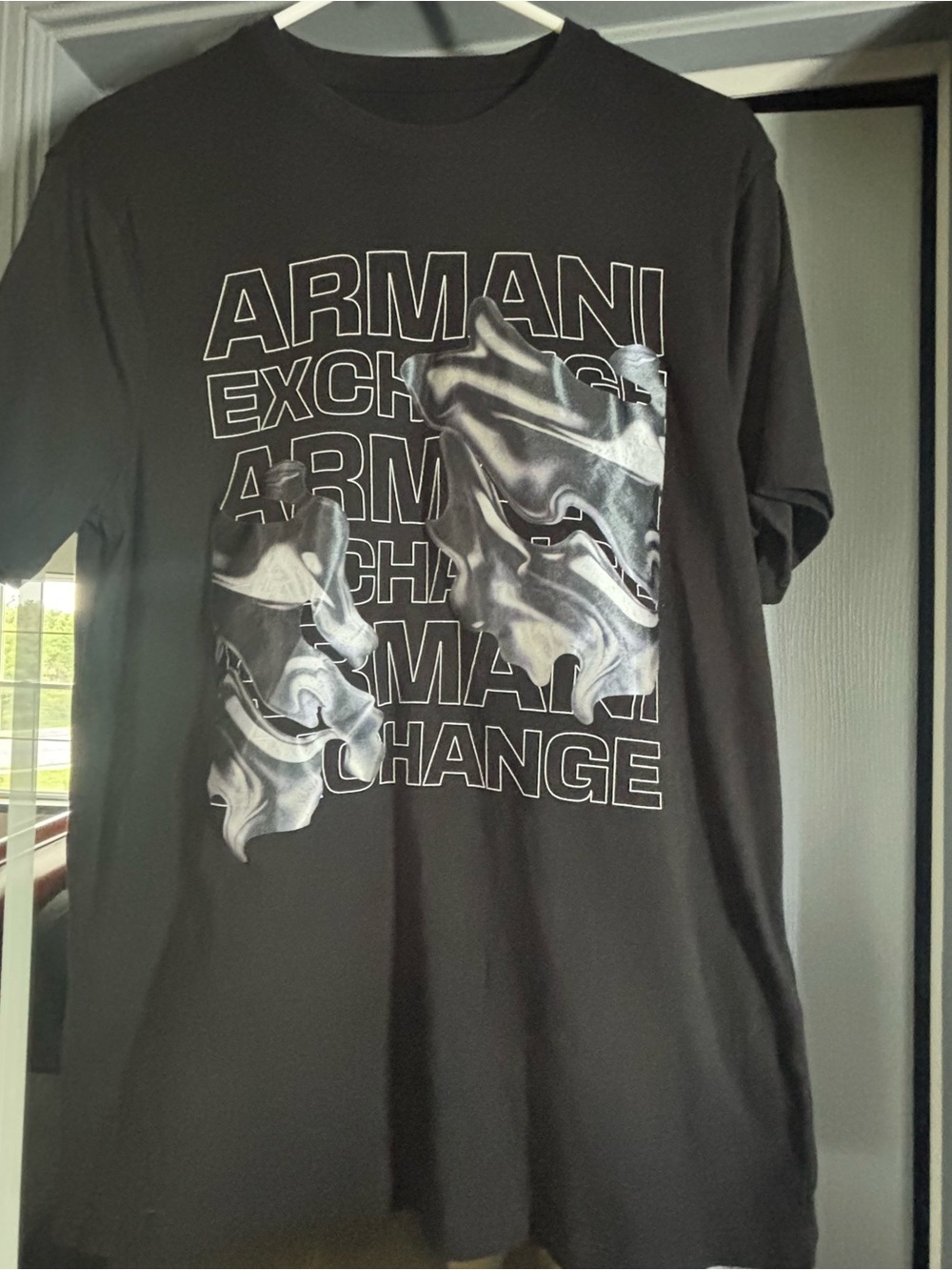 Armani Exchange Black Tee with Silver Marble Logo Print